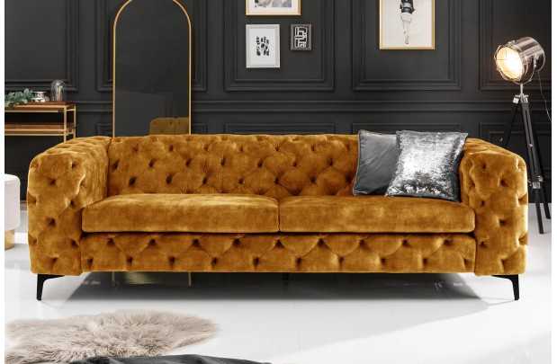 Canapé MODERN BAROCK 240cm 3 places – Élégance et raffinement en velours jaune moutarde