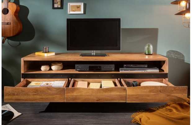Meuble TV en Bois d'Acacia Massif - Finition Miel Naturel