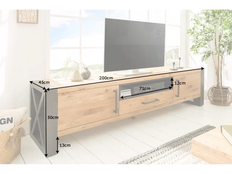 Meuble TV en Bois Massif de Chêne Sauvage 200cm