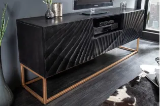 Meuble TV en Bois Massif Noir avec Sculptures 3D