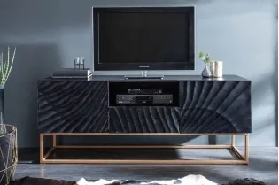 Meuble TV en Bois Massif Noir avec Sculptures 3D 2