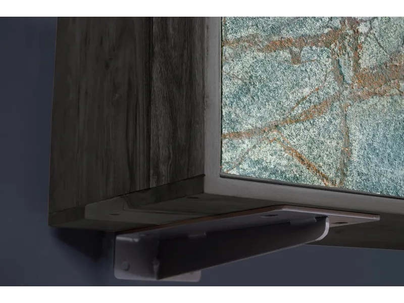 Meuble TV 160cm en Bois d'Acacia avec Façades en Placage de Pierre Marbrée