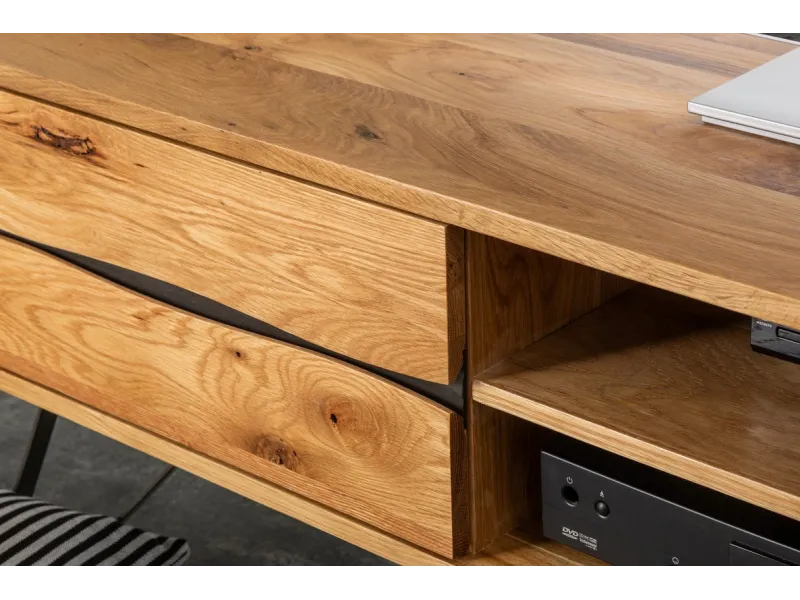 Meuble TV Industriel en Placage Chêne avec Tiroirs et Compartiments