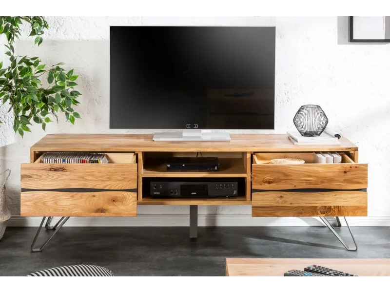 Meuble TV Industriel en Placage Chêne avec Tiroirs et Compartiments