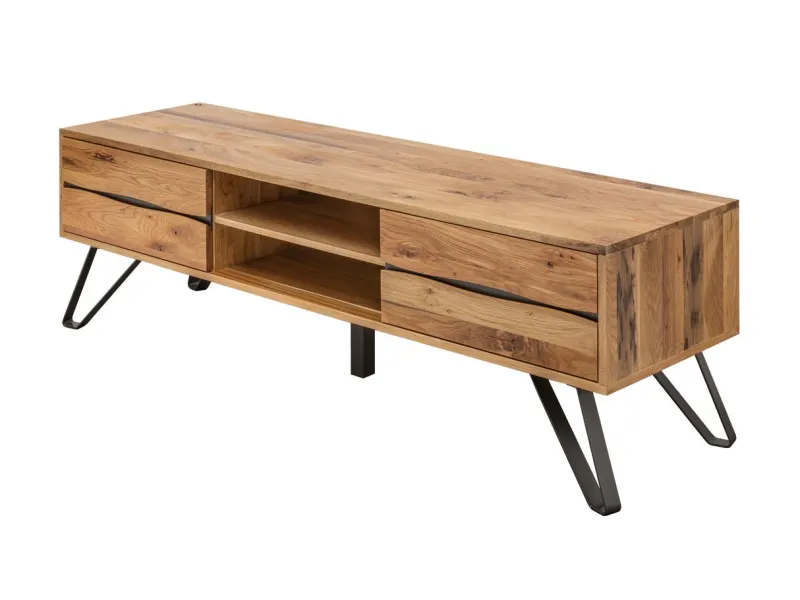 Meuble TV Industriel en Placage Chêne avec Tiroirs et Compartiments