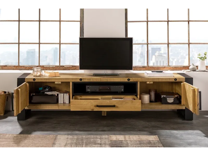 Meuble Bois et Fer Industriel 200 cm – Meuble TV Bois Massif