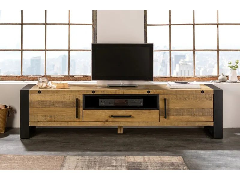 Meuble TV Industriel en Bois Massif avec Cadres en Fer Noir