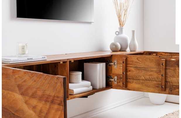 Meuble TV Suspendu en Bois de Manguier avec Surface en Relief 3D