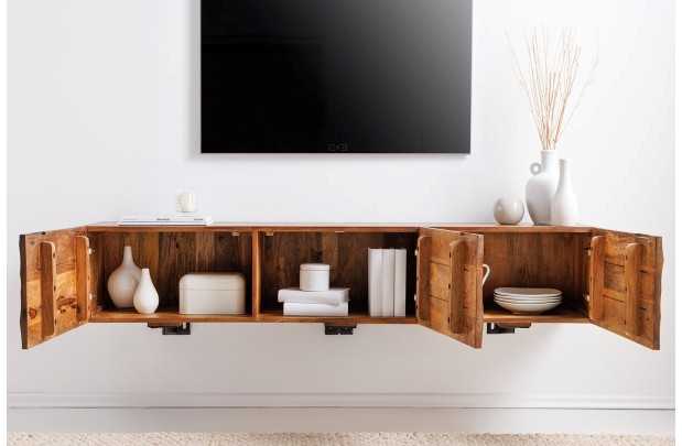 Meuble TV Suspendu en Bois de Manguier avec Surface en Relief 3D