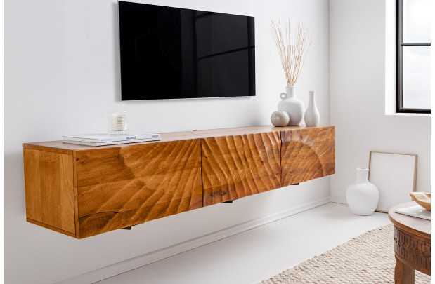 Meuble TV Suspendu en Bois de Manguier avec Surface en Relief 3D