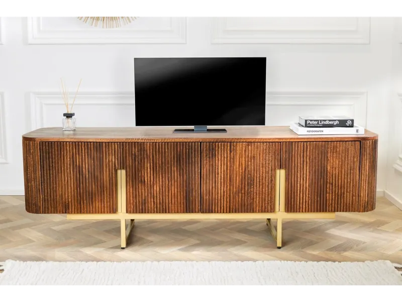 Meuble TV Rétro en Bois Massif Rainuré