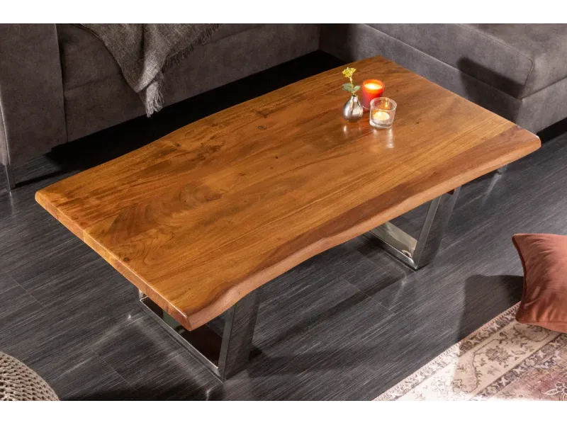 Table basse moderne 110cm coloris naturel et chromé en bois massif pas cher