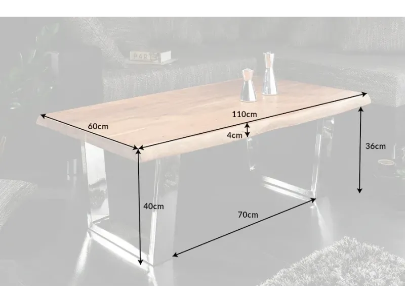 Table basse moderne 110cm coloris naturel et chromé en bois massif pas cher