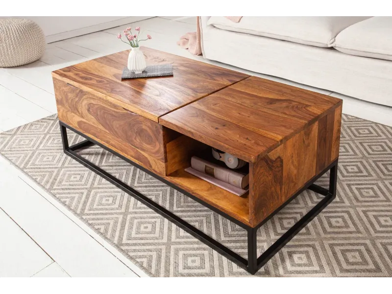 Table basse moderne 110cm coloris naturel et chromé en bois massif pas cher