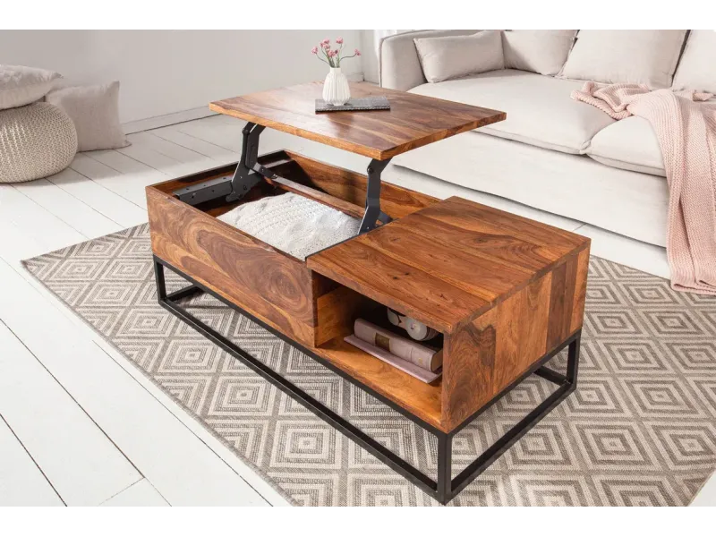 Table basse moderne 110cm coloris naturel et chromé en bois massif pas cher