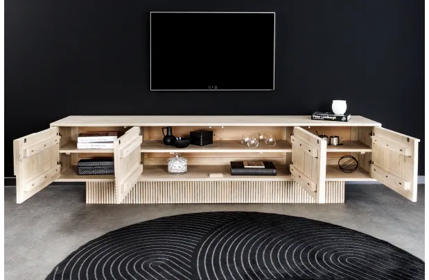 Meuble TV ART DÉCO 200 cm – Bois de manguier blanchi 3D