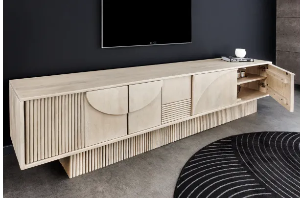 Meuble TV ART DÉCO 200 cm – Bois de manguier blanchi 3D