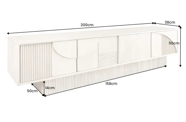 Meuble TV ART DÉCO 200 cm – Bois de manguier blanchi 3D