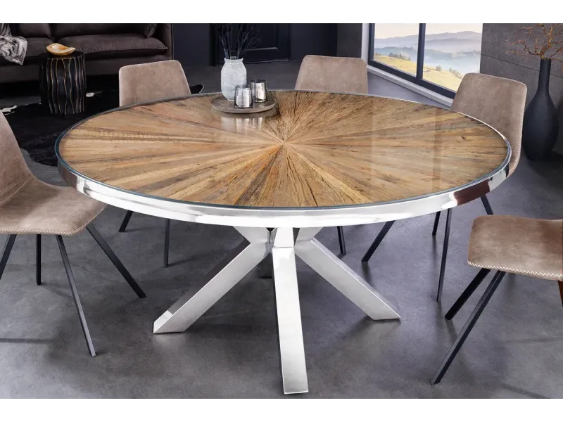 Table à Manger Ronde en Teck et Verre – Élégance Naturelle et Design Chromé Ø120 cm