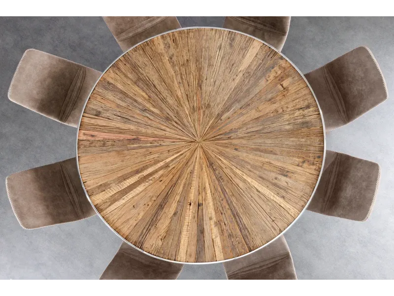 Table à Manger Ronde en Teck et Verre – Élégance Naturelle et Design Chromé Ø120 cm