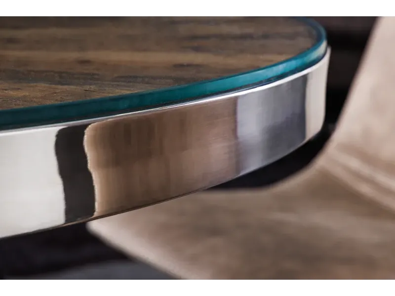 Table à Manger Ronde en Teck et Verre – Élégance Naturelle et Design Chromé Ø120 cm