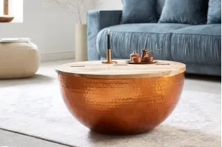 Table basse Orient Rangement Cuivre 60cm Ronde Bois d'Acacia Massif