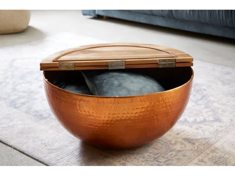 Table basse Orient Rangement Cuivre 60cm Ronde Bois d'Acacia Massif