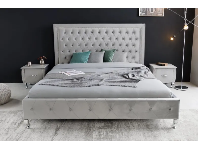 Lit design 180x200cm avec rivets de velours gris argent