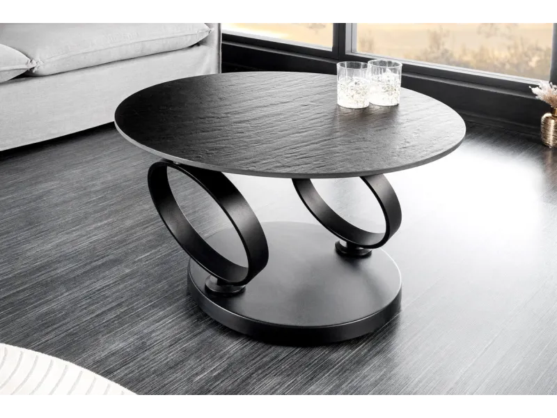 Table Basse Rotative DANCING RINGS 80-134cm – Élégance Polyvalente en Céramique Noire et Grise