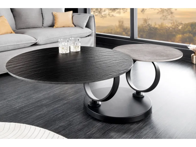 Table Basse Rotative DANCING RINGS 80-134cm – Élégance Polyvalente en Céramique Noire et Grise