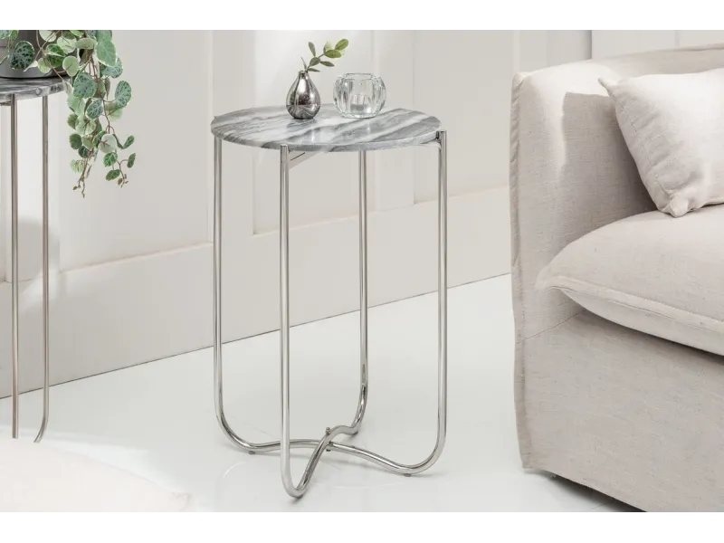 Lot de 2 tables d'appoint moderne coloris gris et argenté en marbre...