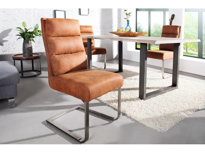 Chaise vintage marron clair design rétro acier inoxydable pas cher