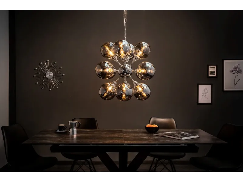 Lampe suspendue design boule en métal coloris blanc argenté Suspens...