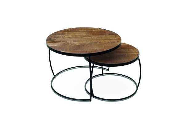 Pas cher Set de 2 tables basses rondes style industriel en bois vieilli