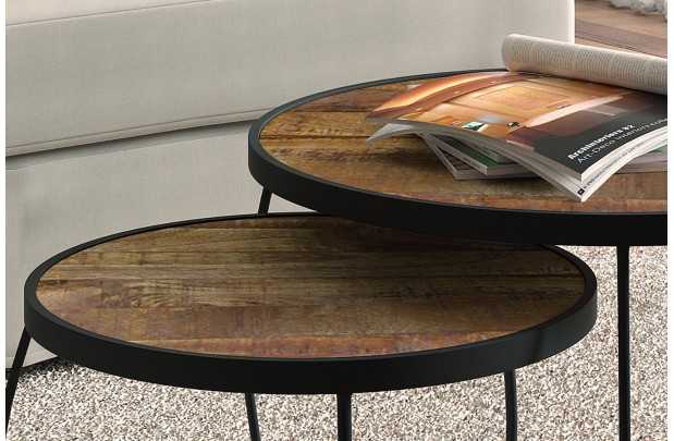 Pas cher Set de 2 tables basses rondes style industriel en bois vieilli