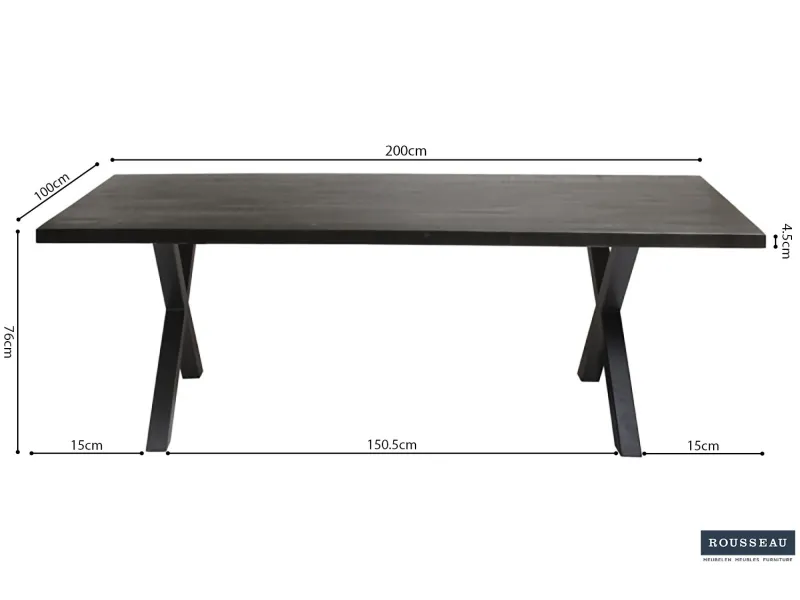 Table à manger en bois de 200 x 100 cm coloris noir pieds croisés