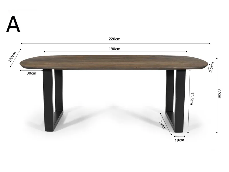 Table Tommy 220x100 cm – Design Ovale Danois & Pieds U Modulables – Bois de Manguier Tabaco