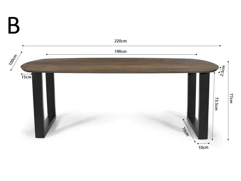 Table Tommy 220x100 cm – Design Ovale Danois & Pieds U Modulables – Bois de Manguier Tabaco