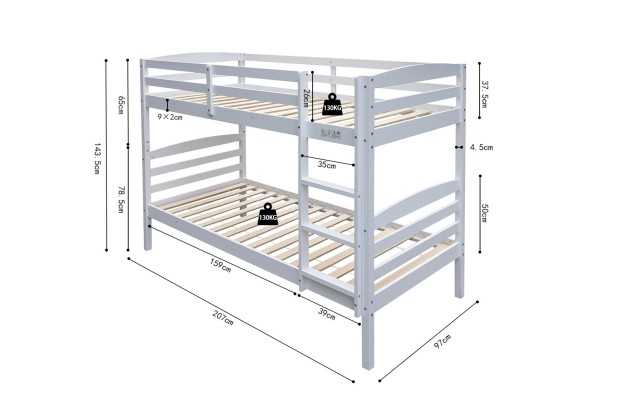 Lit superposé “Roy” 90x200 cm divisible – Pin massif blanc, solide et modulable