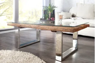 Table Basse en Bois Massif Recyclé  au Style Rustique avec plateau en verre 2