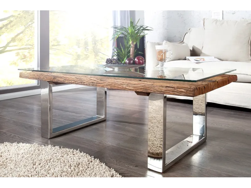 Table Basse en Bois Massif Recyclé  au Style Rustique avec plateau en verre