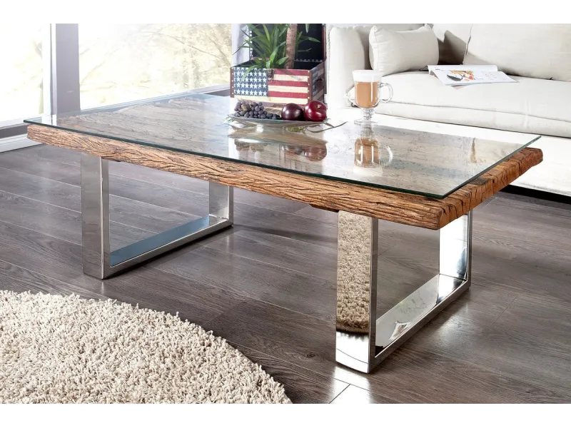 Table Basse en Bois Massif Recyclé  au Style Rustique avec plateau en verre