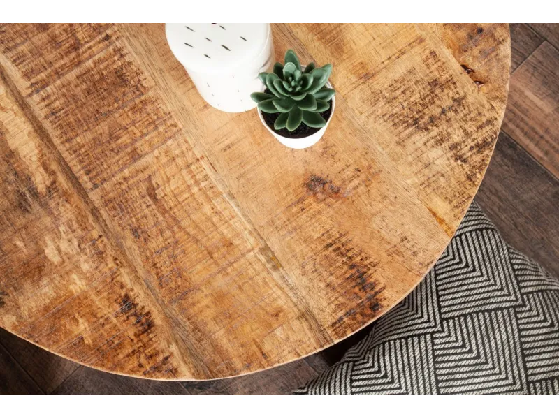 Table Basse ronde en Bois Massif de Manguier au Style Industriel