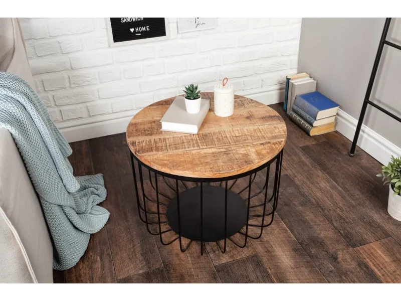 Table Basse ronde en Bois Massif de Manguier au Style Industriel