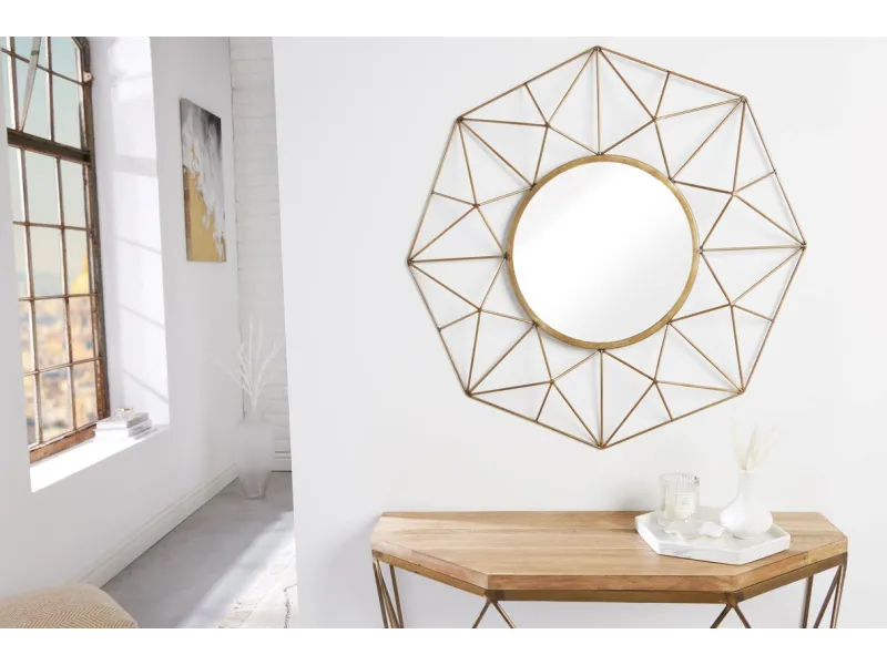 Miroir Rond avec Cadre Polygone en Fil de Laiton - Fabriqué à la Main - 90cm