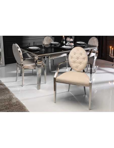 Chaise design baroque de salle à manger en velours coloris beige avec accoudoirs