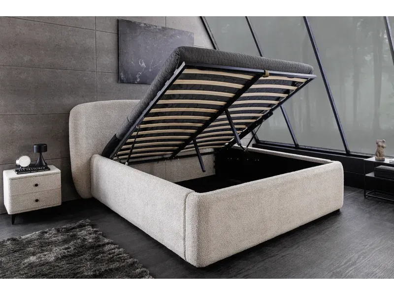 Lit ART DÉCO 180x200 cm – Bouclé grège avec rangements intégrés