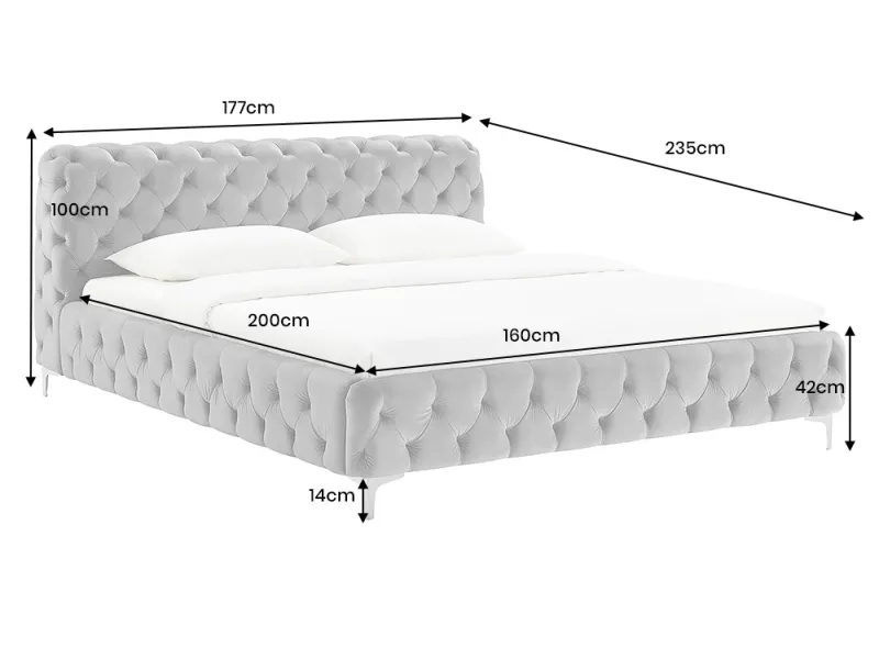 Lit MODERN BAROCK 160 x 200 cm – Velours gris style Chesterfield baroque
