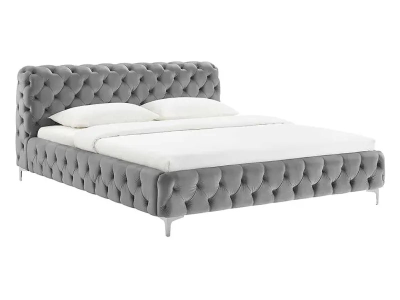 Lit MODERN BAROCK 160 x 200 cm – Velours gris style Chesterfield baroque