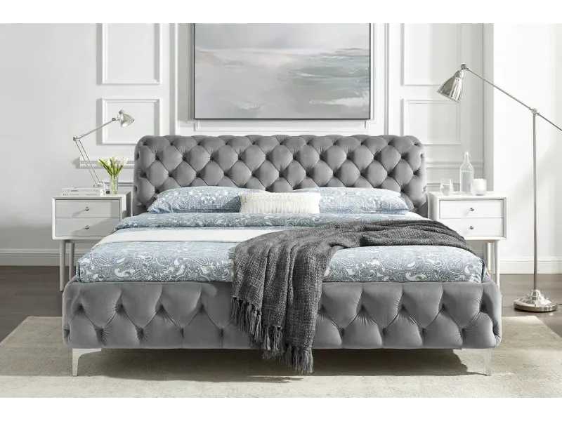 Lit MODERN BAROCK 180 x 200 cm – Velours gris style Chesterfield baroque